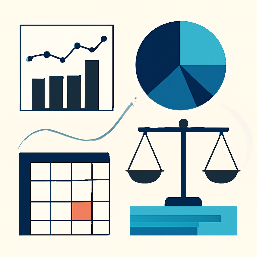 Minimal abstract illustration showing media analytics diagrams, balance scales, and budget allocation grids in navy and cool teal tones.