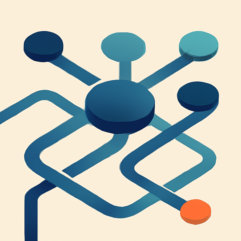 An abstract modern graphic showing interconnected nodes, sleek operational pipelines, soft teal and navy gradient background, minimalistic isometric art, no text, no logos.