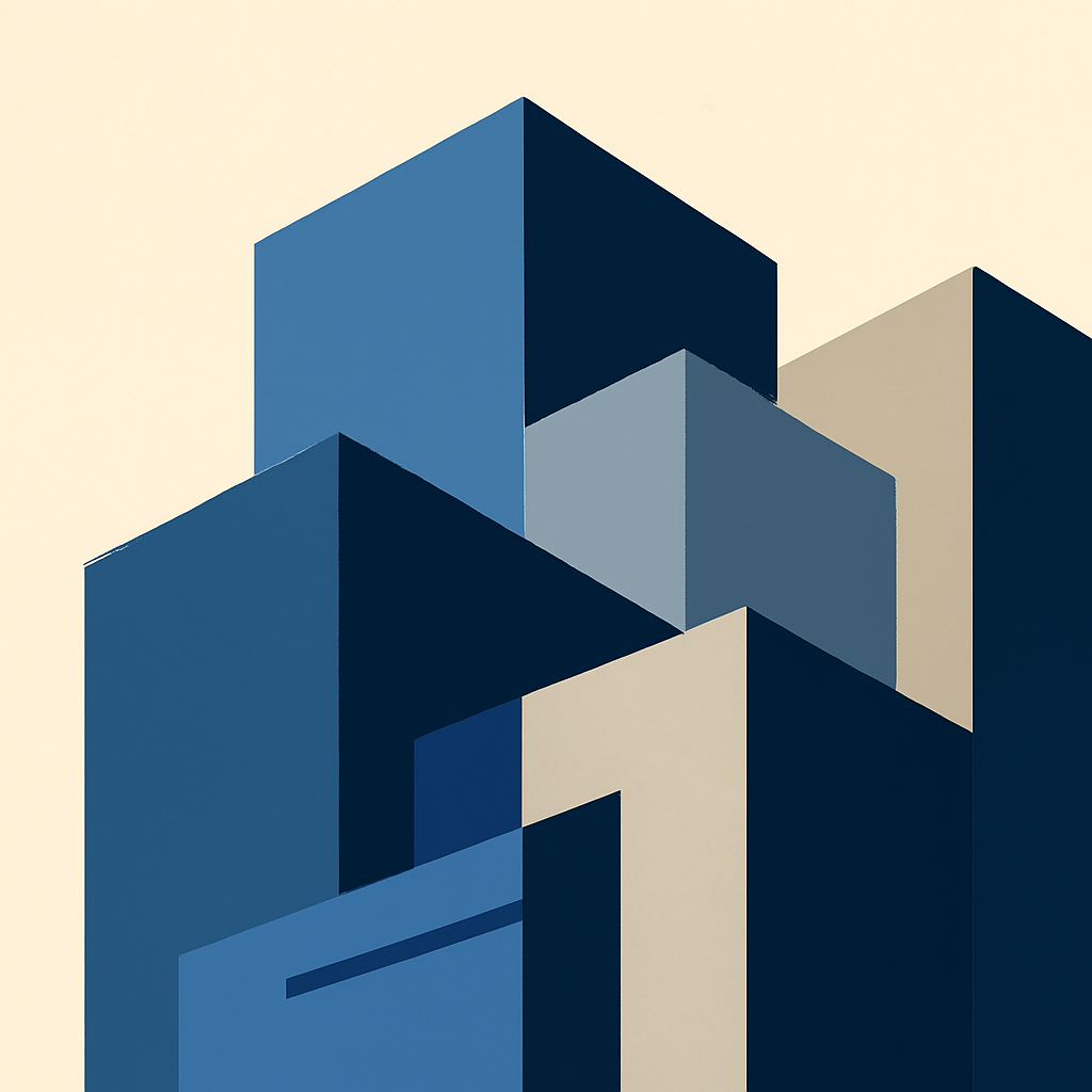 An abstract geometric architectural vector illustration featuring slate blue, deep indigo, and warm grey layered panels symbolizing digital software infrastructure, no text, no logos.